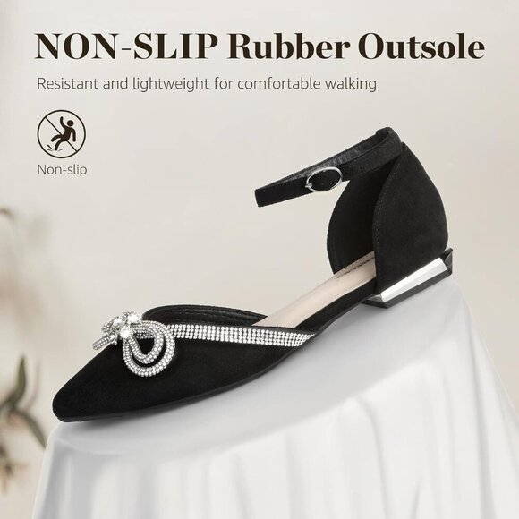 🆕Women Black Suede Rhinestone Pointed Toe Bowknot Ballet Flats Comfort Dressy - Picture 4 of 8